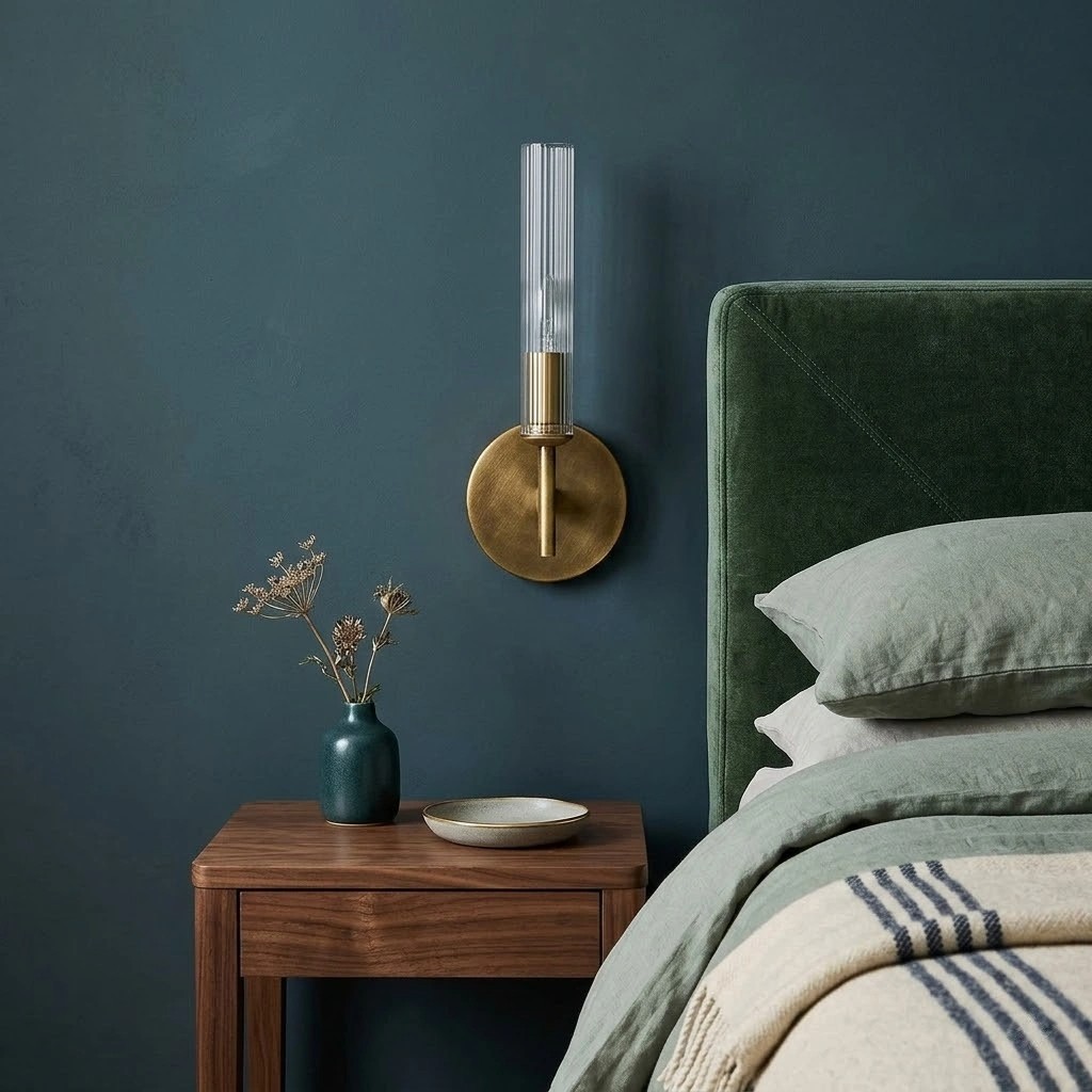Bravira brass wall light in a dark bedroom scene