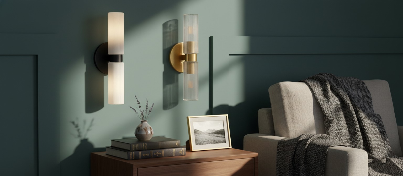 Rivora ribbed glass wall light in a living room scene