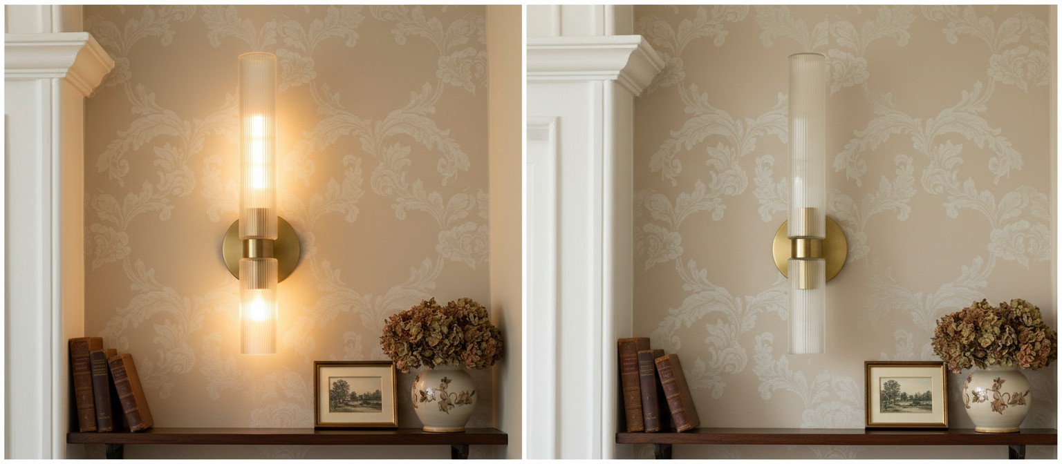 Rivora wall light on and off comparison display