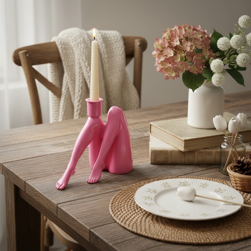 Pink candle holder on a table