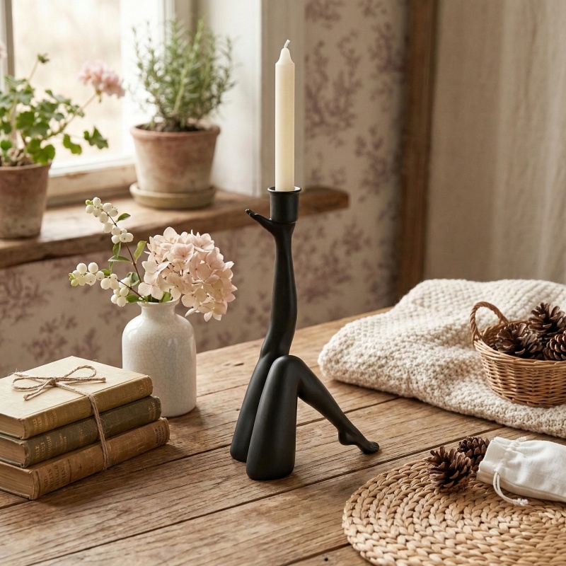 Black candle holder beside flowers