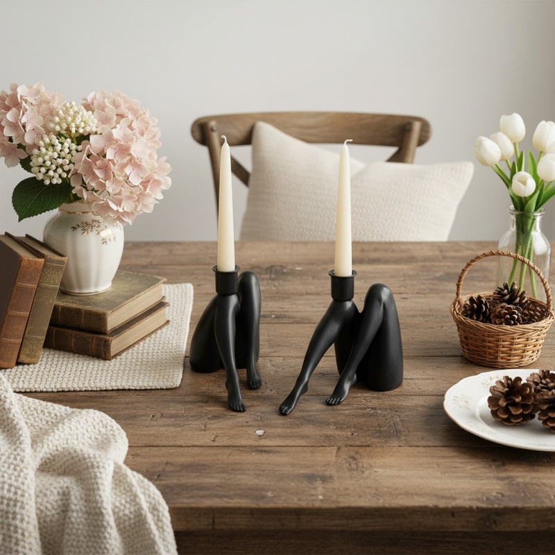 Black candle holders on a dining table