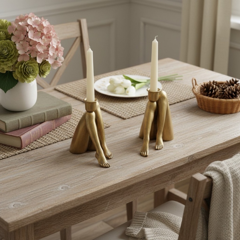 Gold candle holders on a dining table