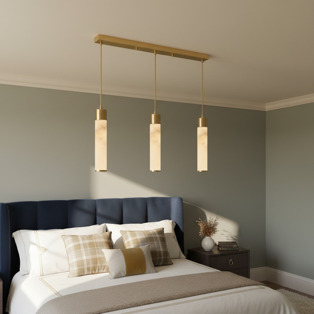 Three-head alabaster pendant over bed