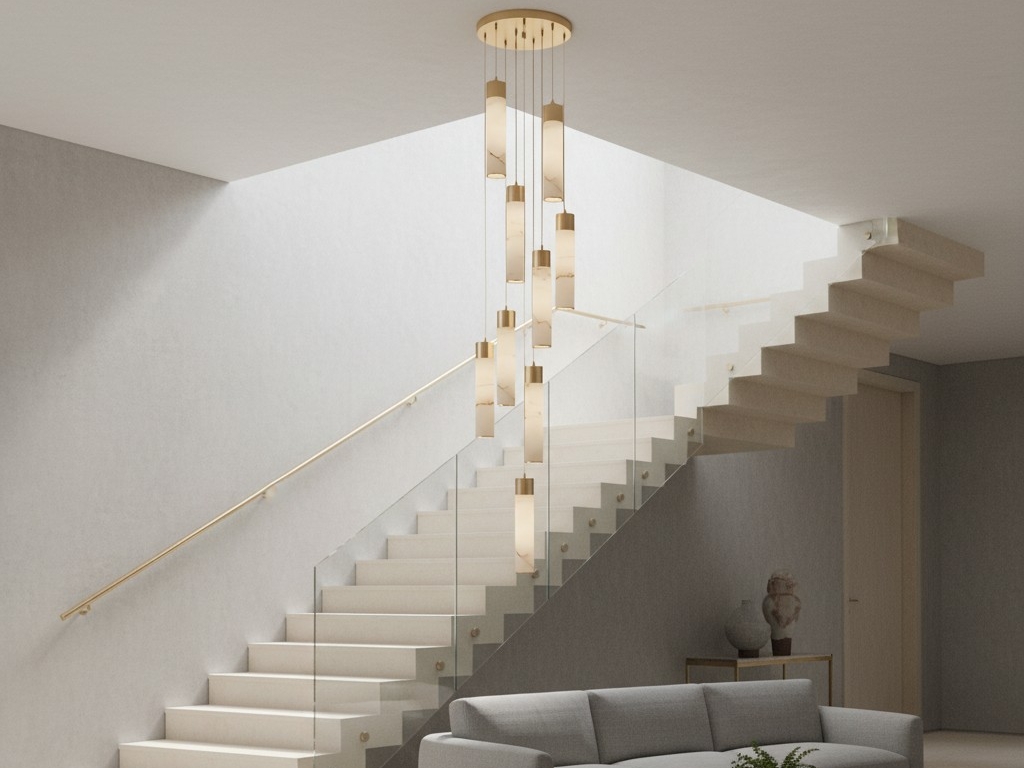 Multi-head alabaster pendant lamp near a staircase