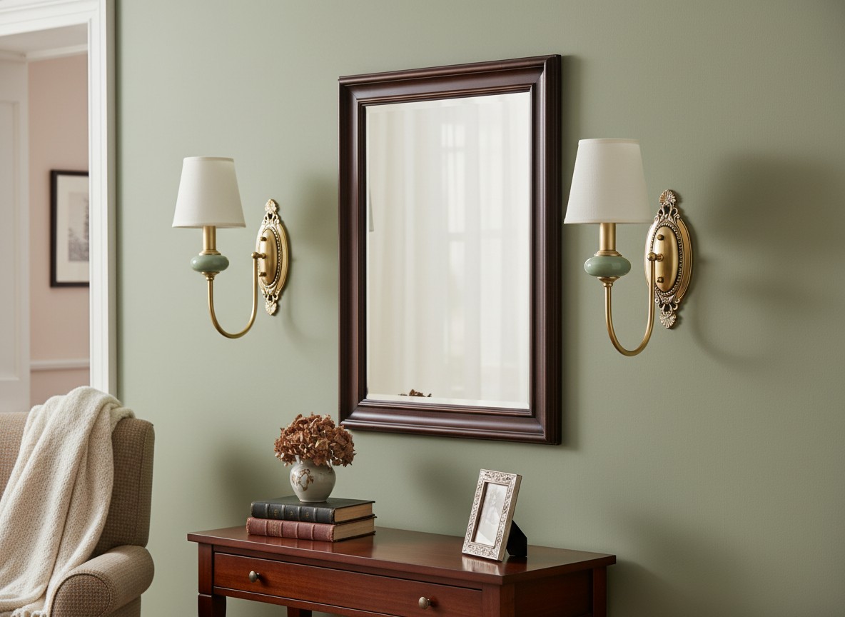 Wall light displayed beside a mirror in a living space