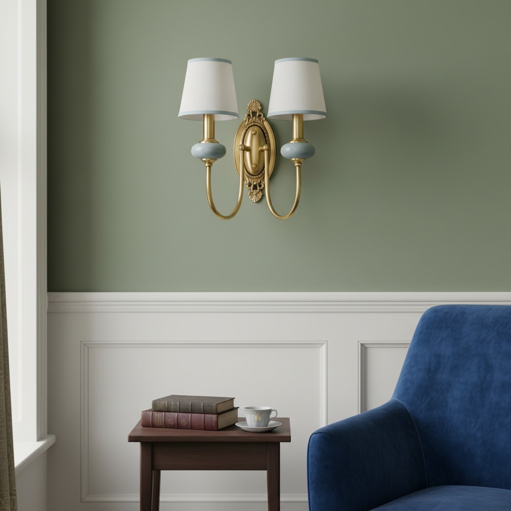 Two head wall light on green wall with chair