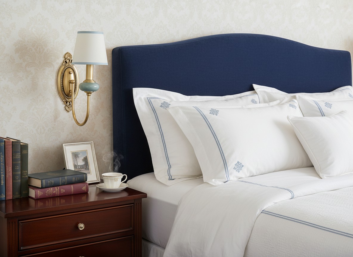 Single wall light styled beside a bed with blue headboard