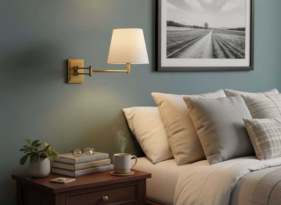 Arcuma wall light above bedside table