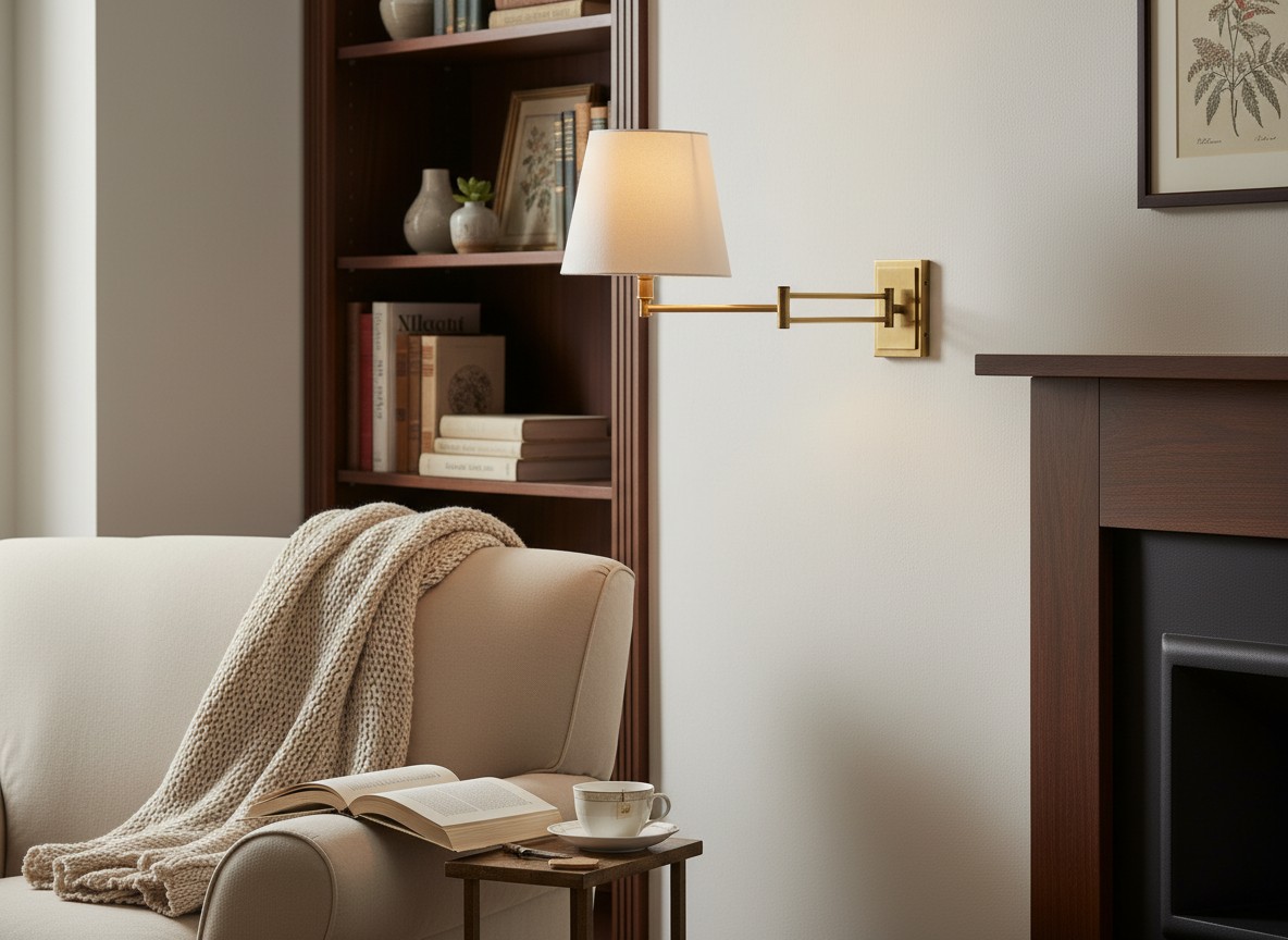 Arcuma wall light beside a fireplace
