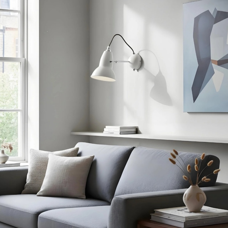 White wall light in bright living room