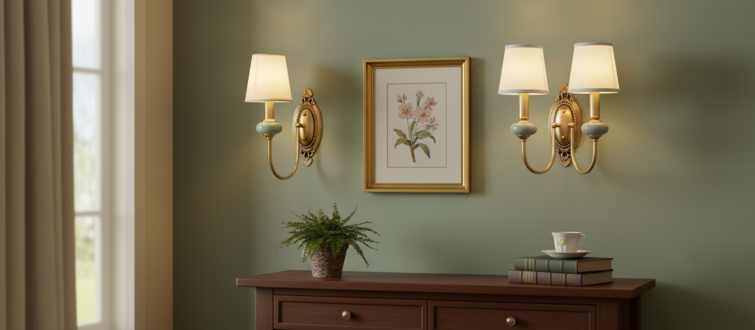 Classic fabric and ceramic wall light displayed in a refined interior
