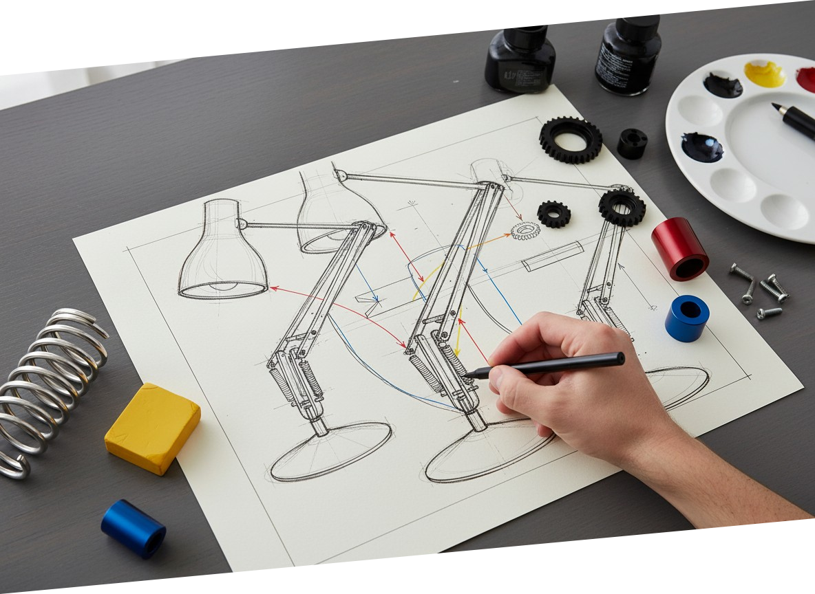 Desk lamp design sketch and parts