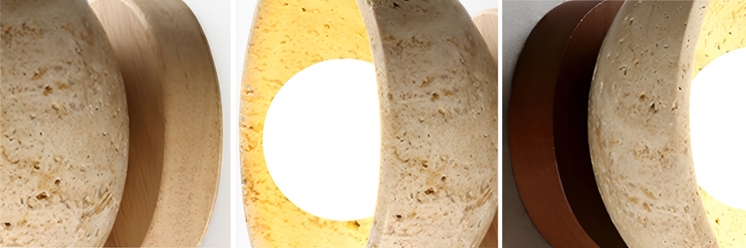 Close-up detail views of the travertine wall light