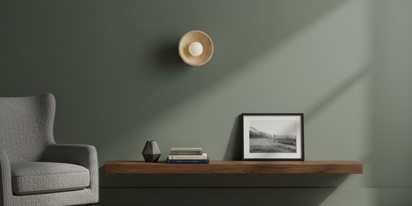 Travertine Wall Light styled above a wooden shelf