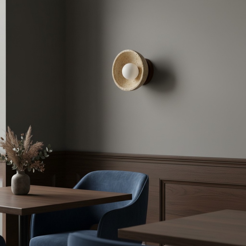 Travertine wall light above a seating area