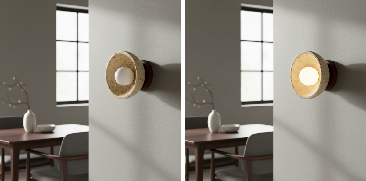 Travertine wall light shown off and on