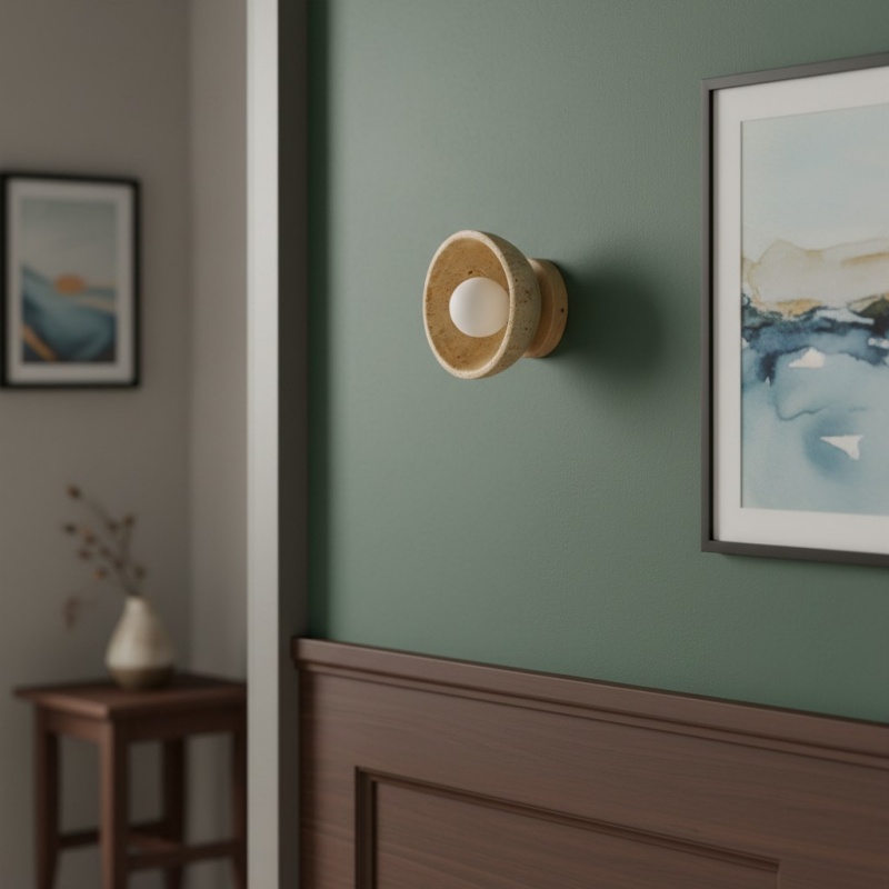 Travertine wall light on a green wall