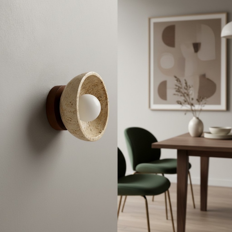 Travertine wall light beside a dining scene