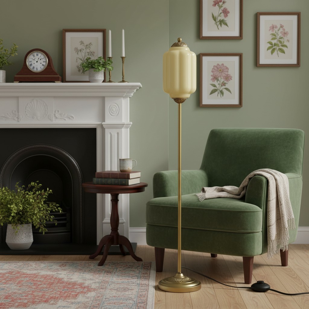 Eloise Floor Lamp by a fireplace