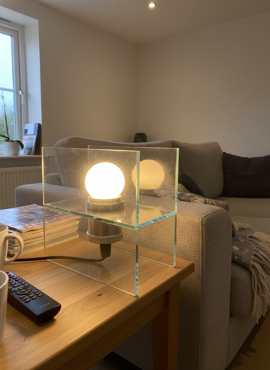 Clear Sunset Gradient Desk Lamp glowing on a side table