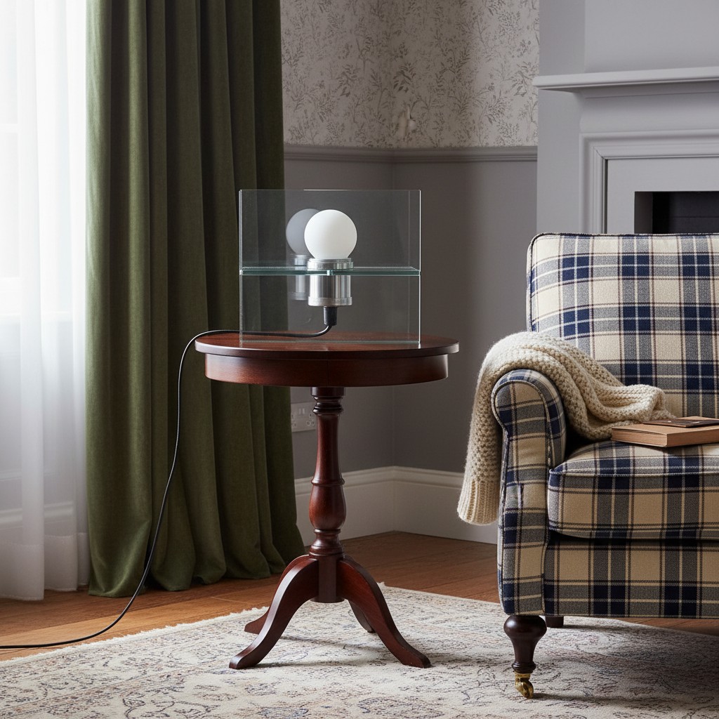 Clear acrylic lamp on a small round table