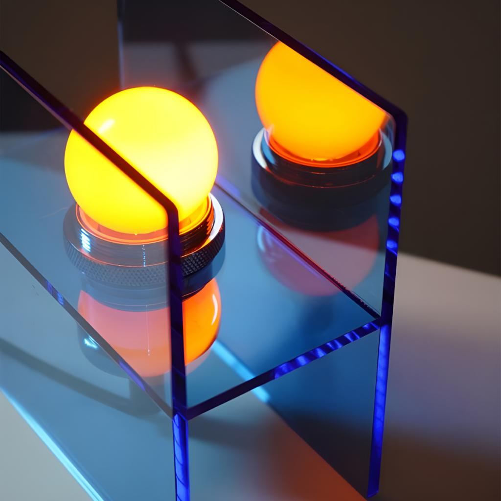 Glowing bulb framed by blue acrylic sheets