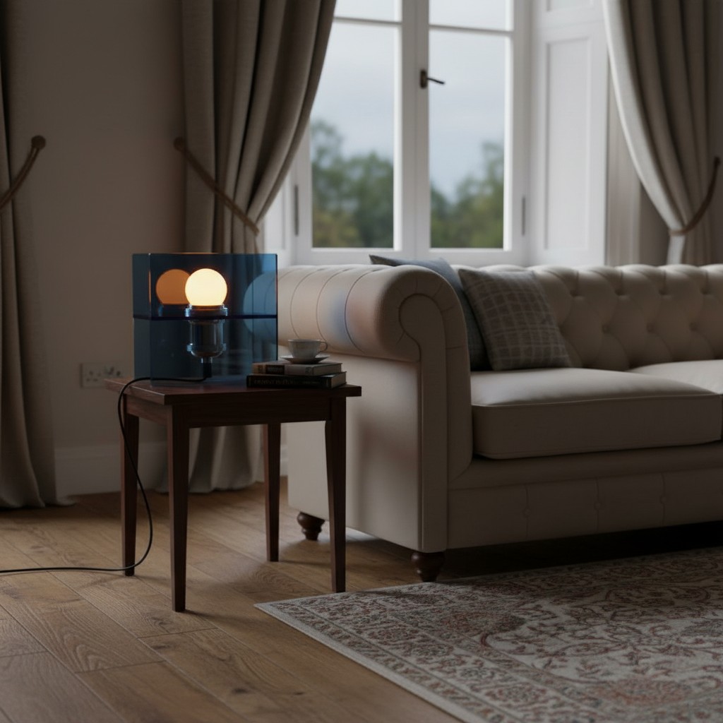 Amber lamp glowing beside a sofa