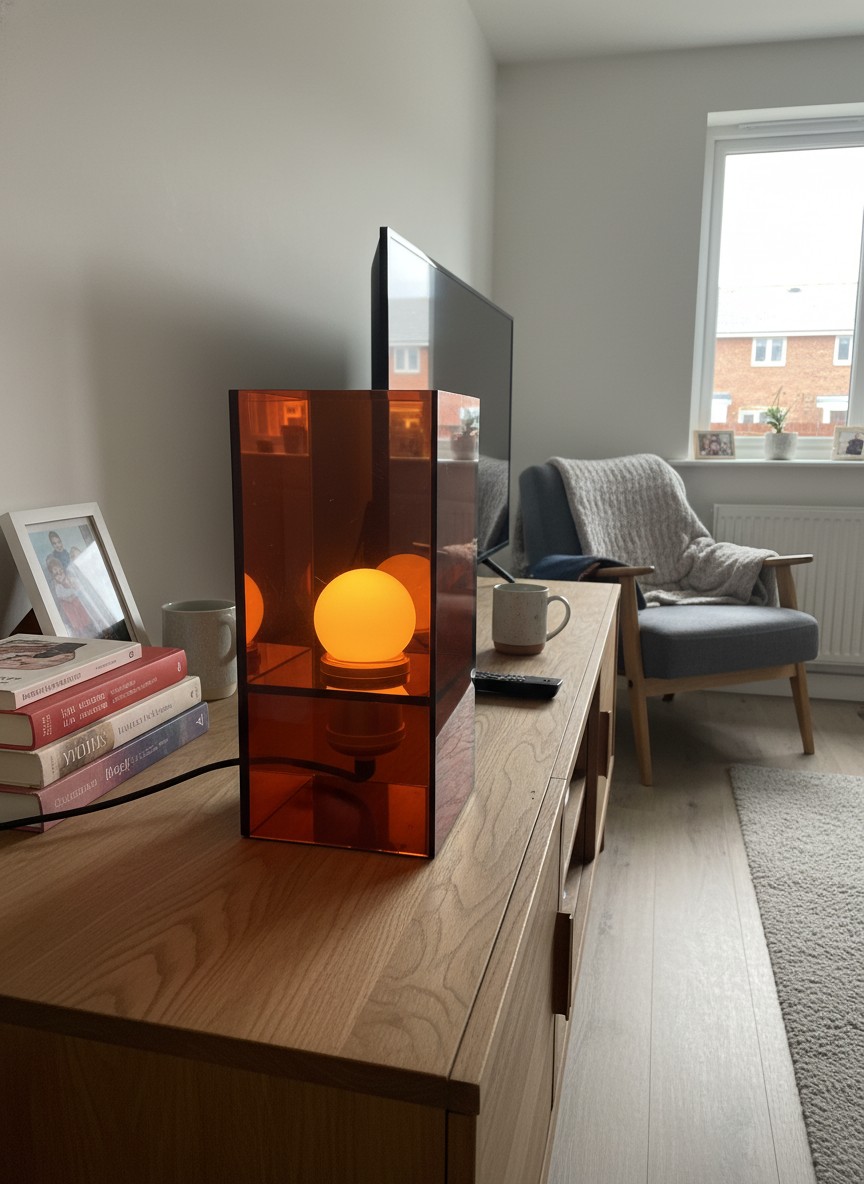 Tall amber Sunset Gradient Desk Lamp on a wooden table