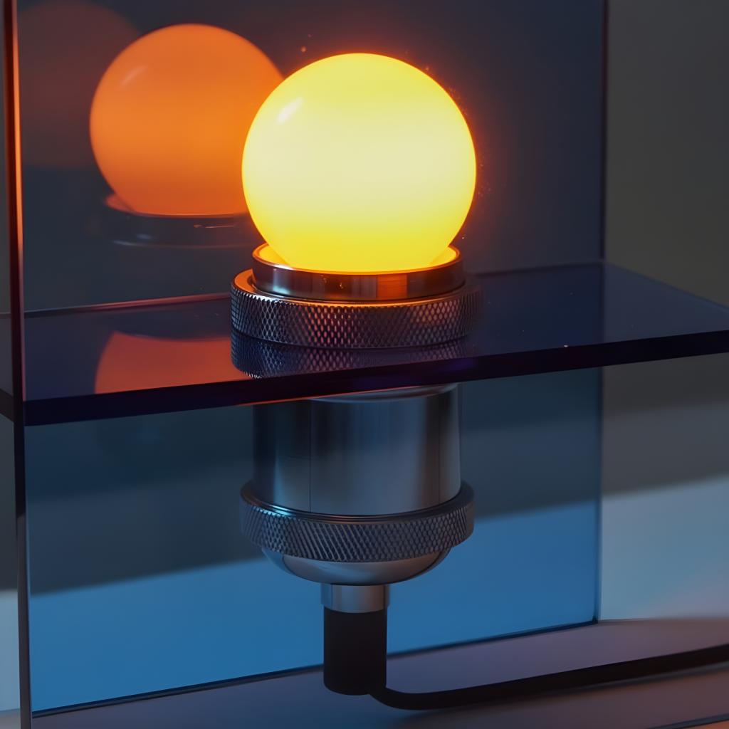 Close view of the glowing sunset gradient lamp bulb and reflection