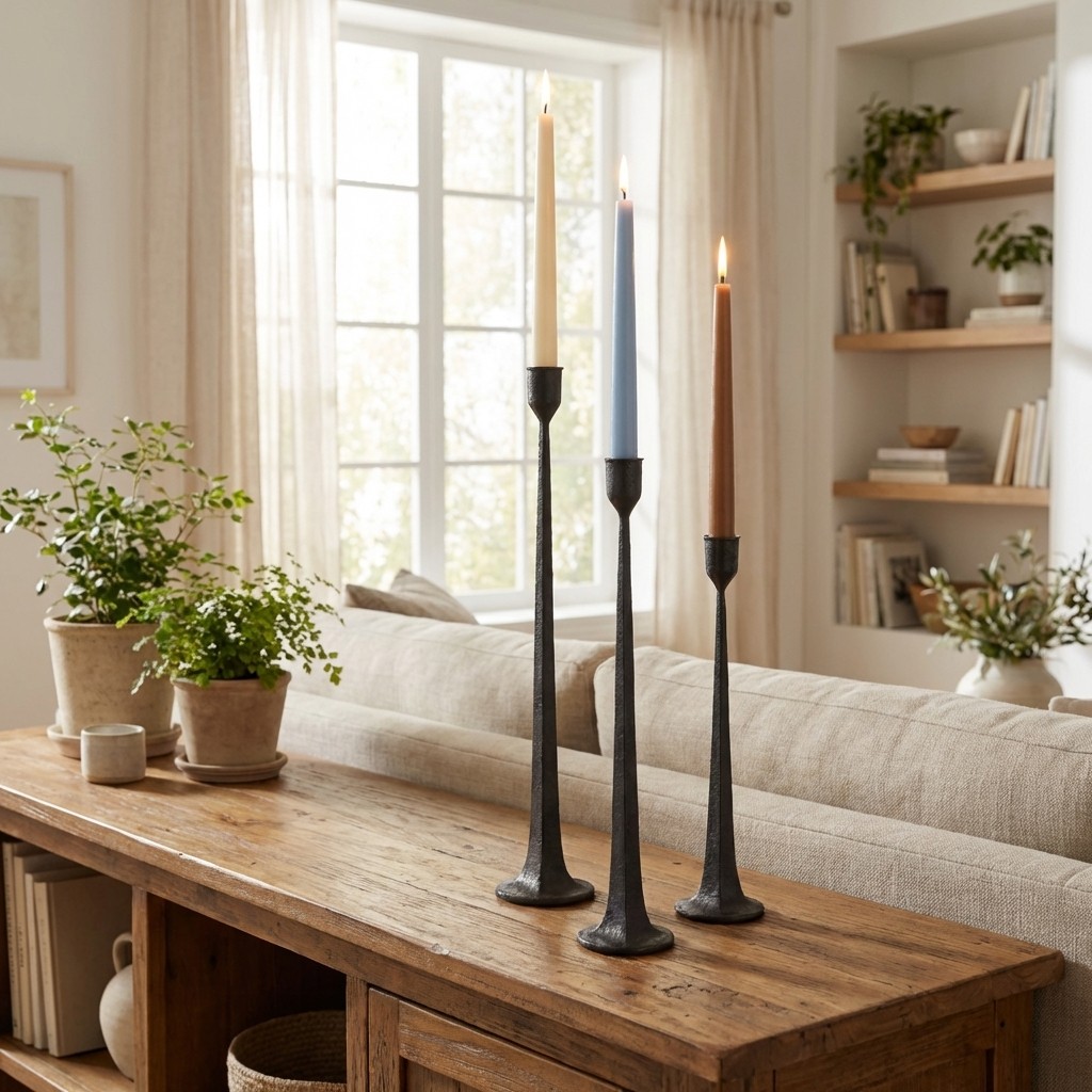 Black taper candle holders on a console table by a sofa