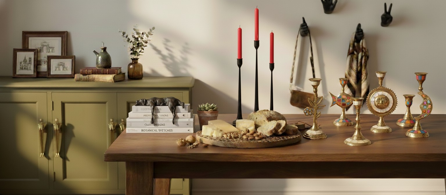 Tegna black candle holders displayed with signature home décor pieces