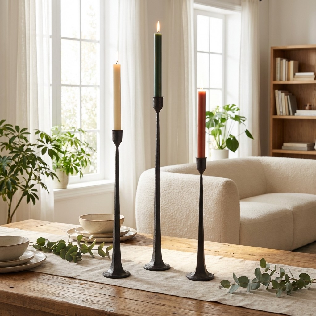 Tegna black taper candle holders styled on a wooden table