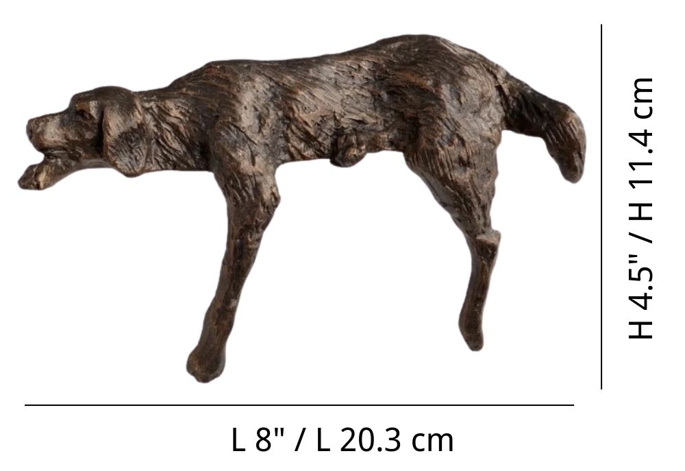 Floxo Lazy Dog Sculpture size diagram L 8 inches by H 4.5 inches