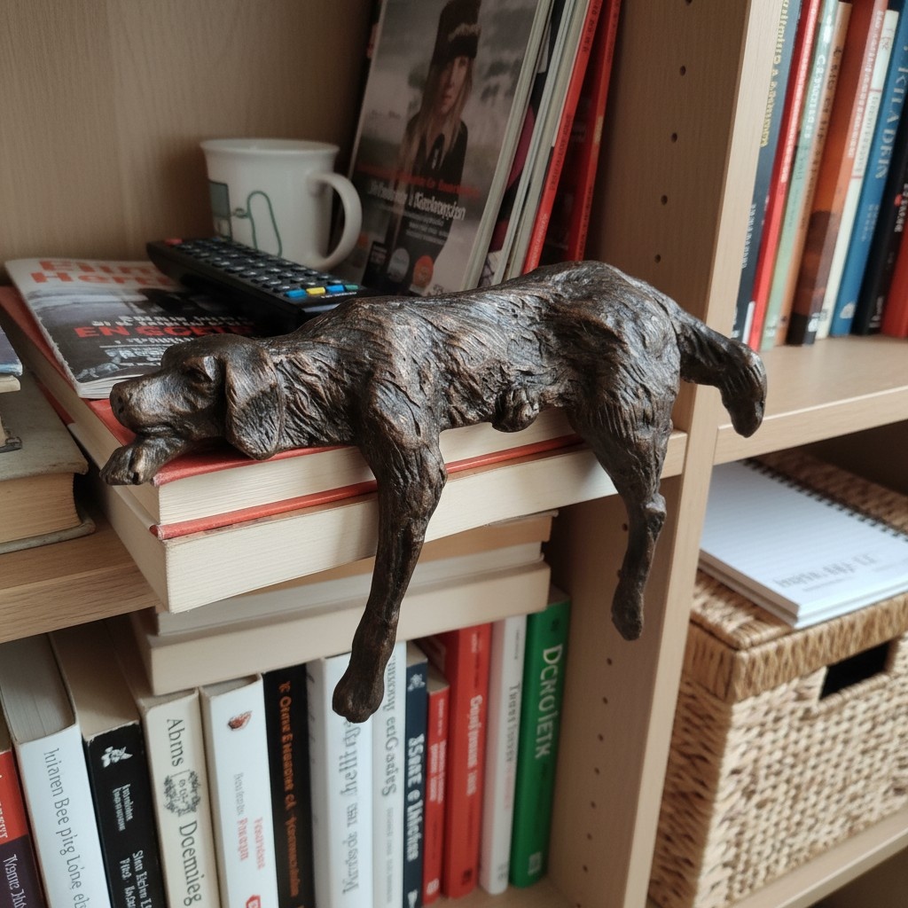 Customer review photo of Floxo Lazy Dog Sculpture on a bookcase