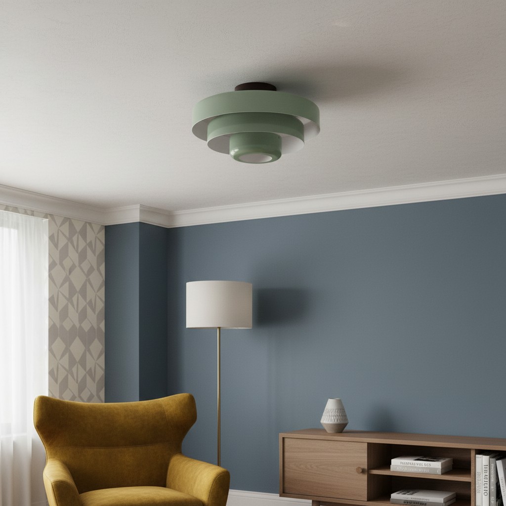 Sage green Veleora Bauhaus ceiling lamp in a styled living room