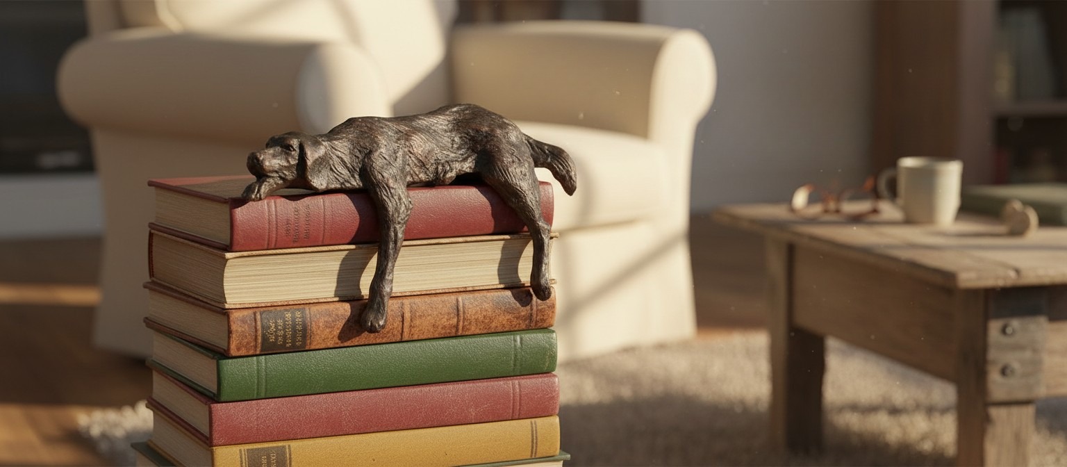 Floxo Lazy Dog Sculpture styled in a warm living room