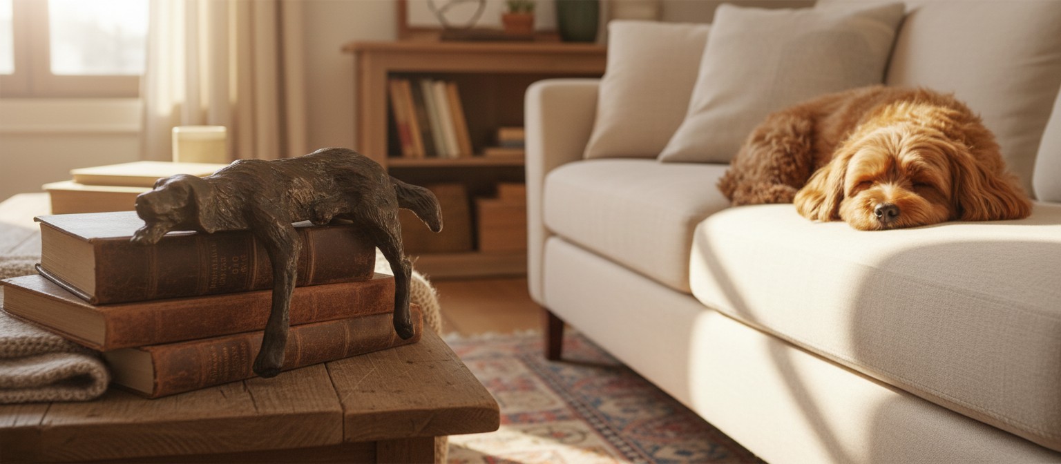 Floxo Lazy Dog Sculpture on stacked books