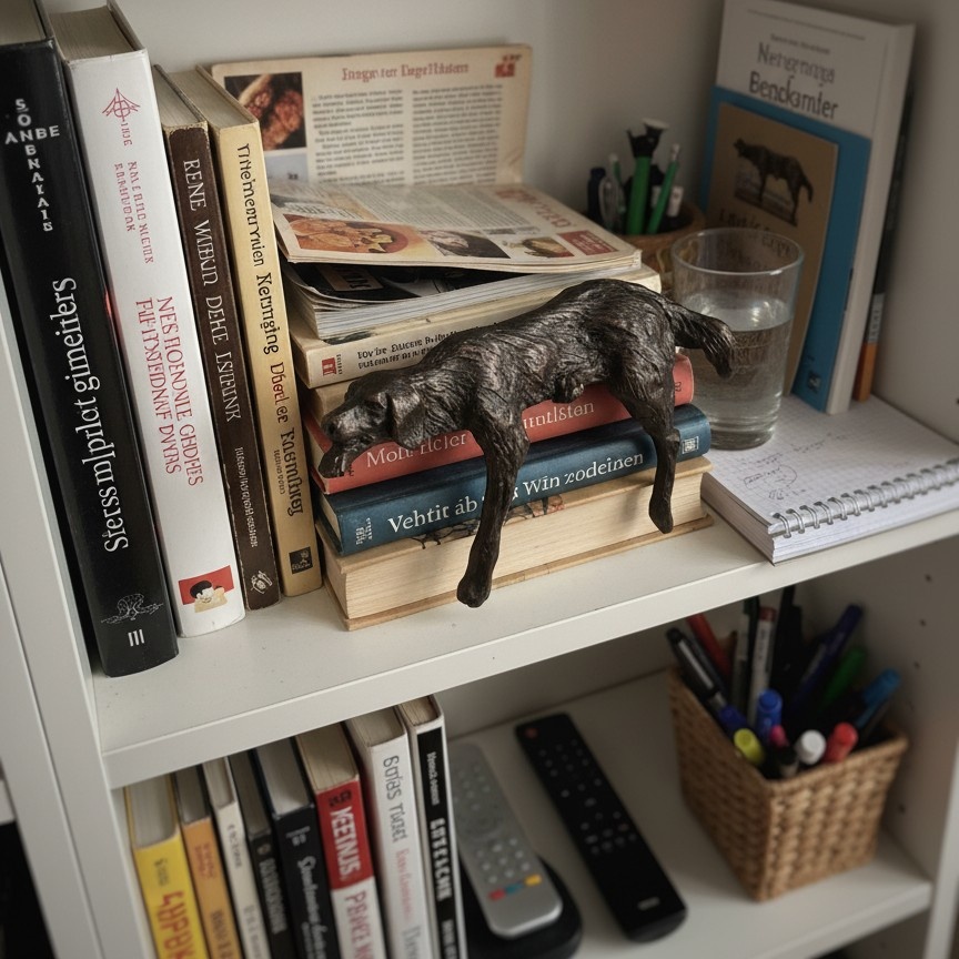 Customer review photo of Floxo Lazy Dog Sculpture on a shelf