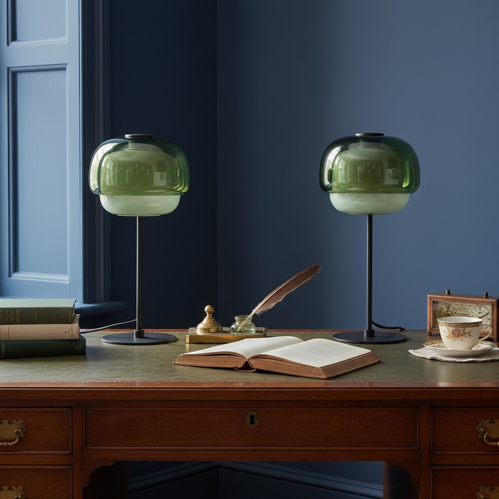 Clinco green glass table lamps on a desk