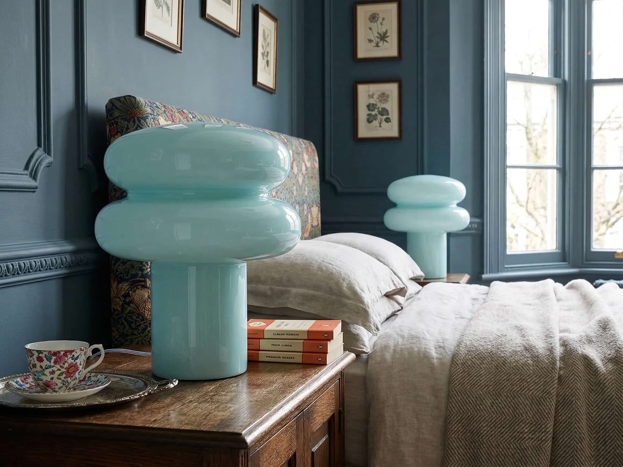 Light blue Orra lamp in a bedroom