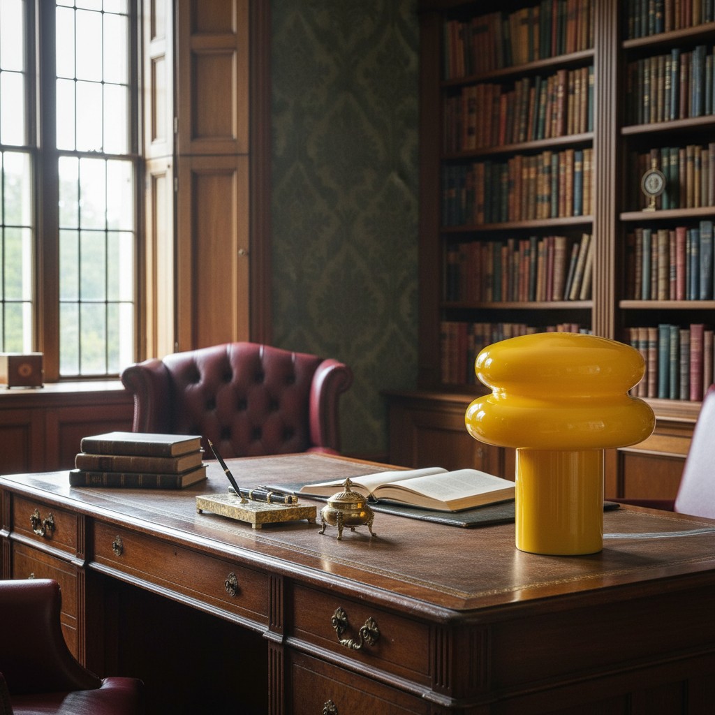Yellow Orra lamp on a writing desk