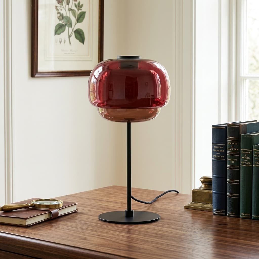 Clinco red glass table lamp on a wooden desk