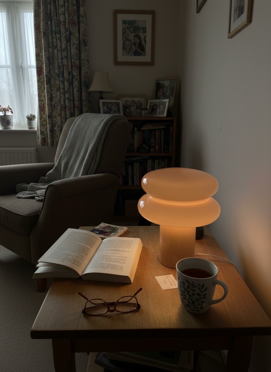 Glowing Orra lamp on a side table