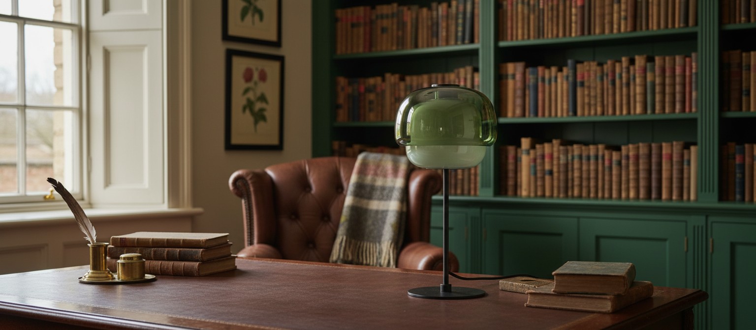 Clinco glass table lamp in a library room
