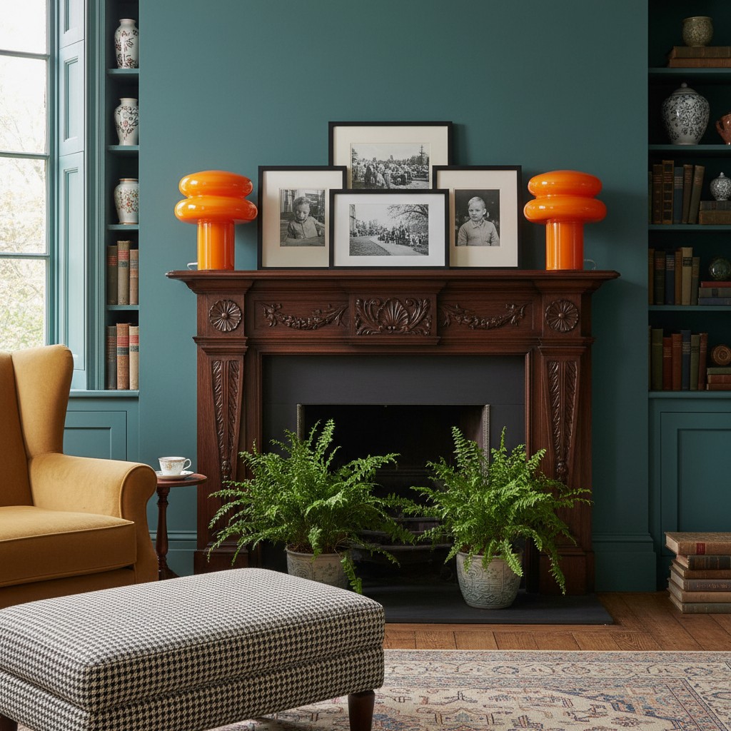 Orange Orra lamps by a mantel