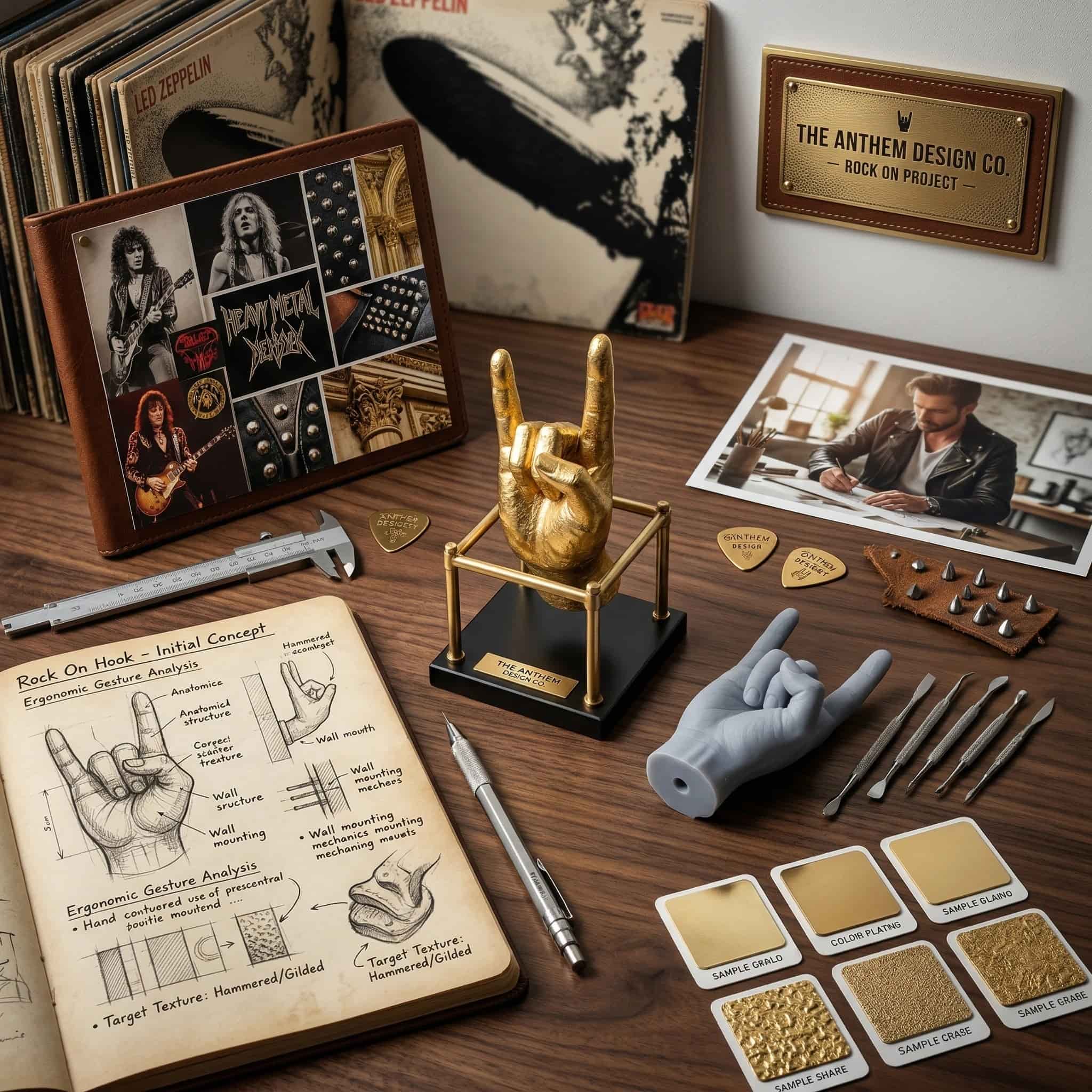Design desk showing the gold decorative wall hook concept