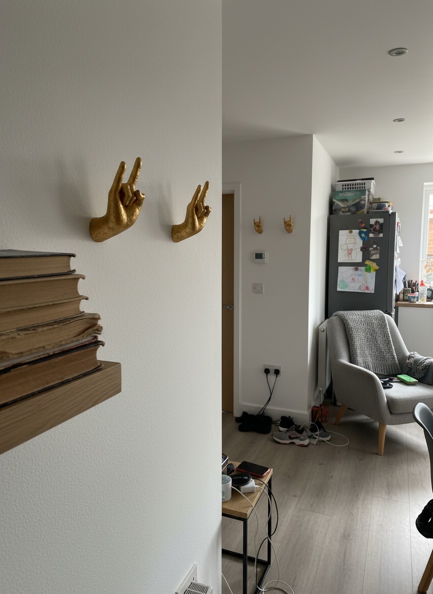 Customer photo of gold rock hand hooks on a hallway wall