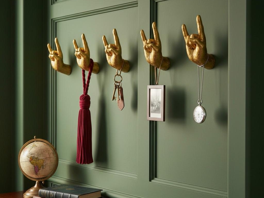 Gold hand wall hooks holding decorative items on a green wall
