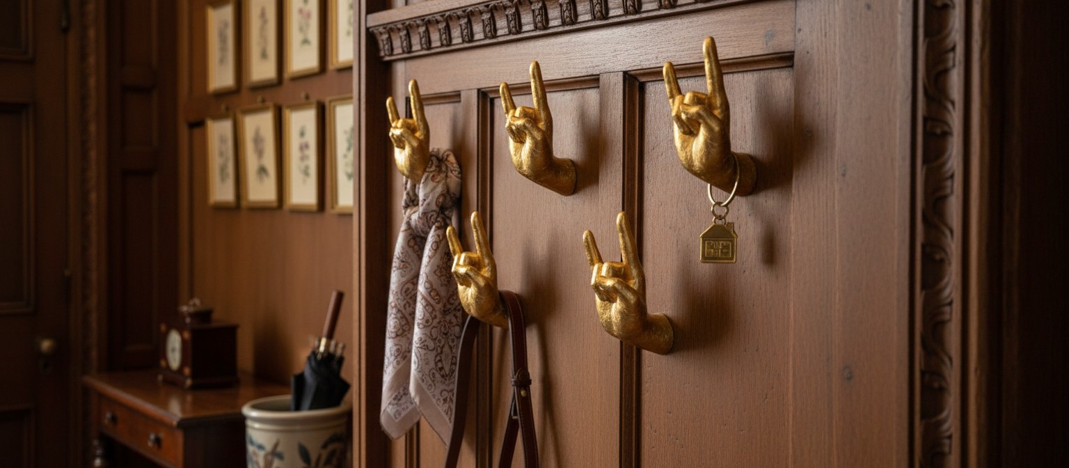 Gold hand hooks in a warm hallway scene